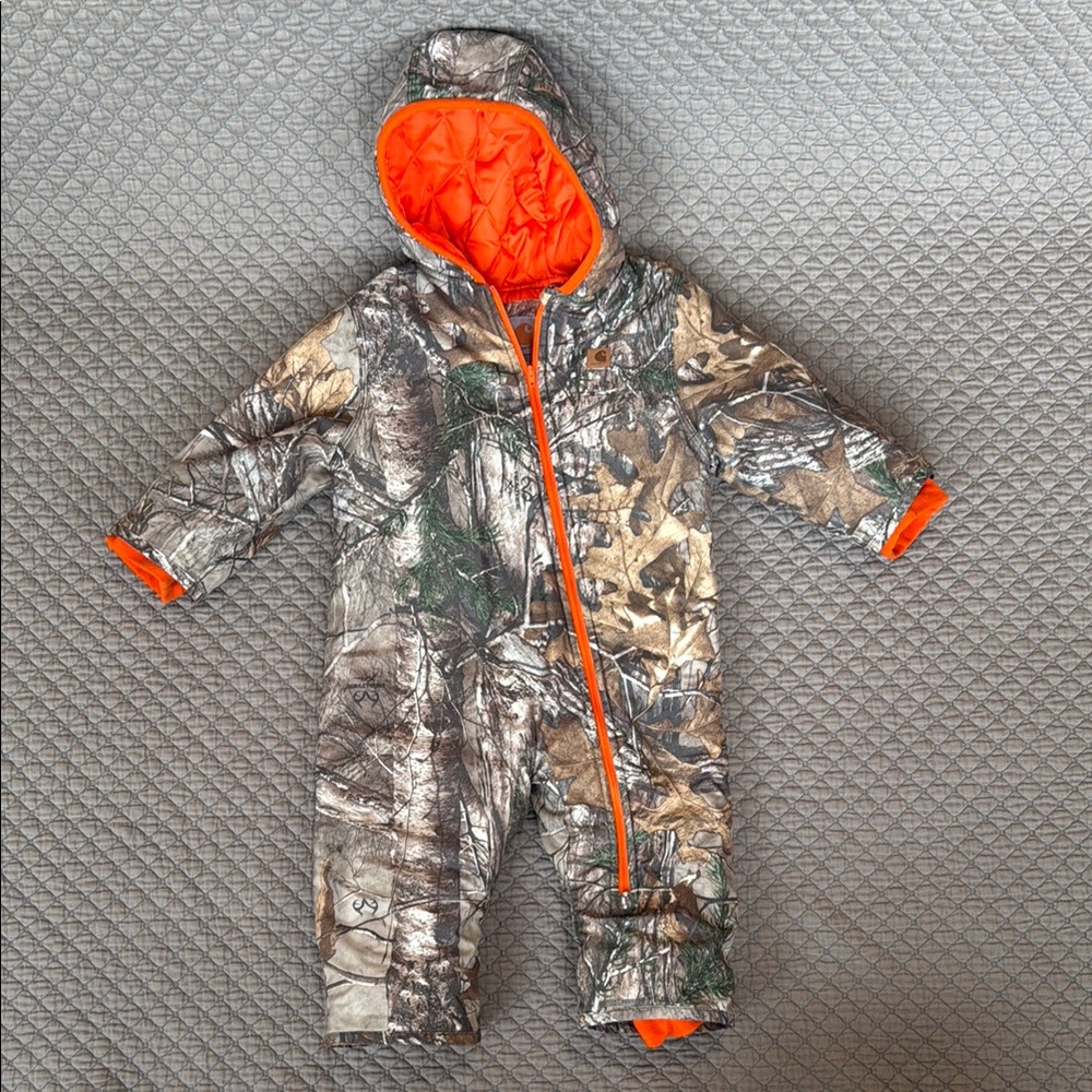 Carhartt Camouflage Baby Snowsuit with Orange Lining. Size 24 months.